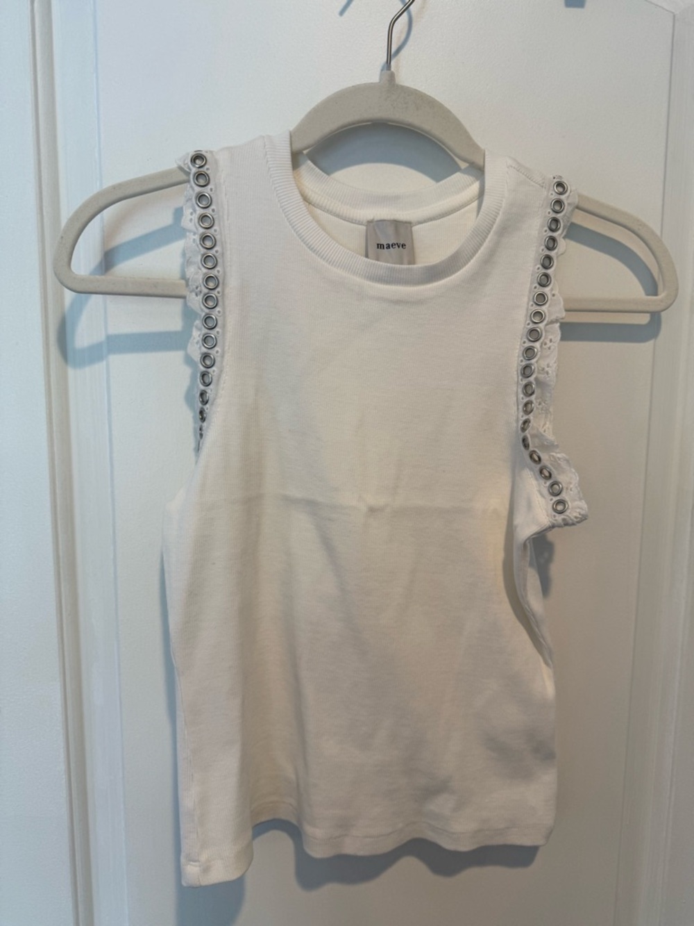 Maeve White Eyelet-Trim Crewneck Tank